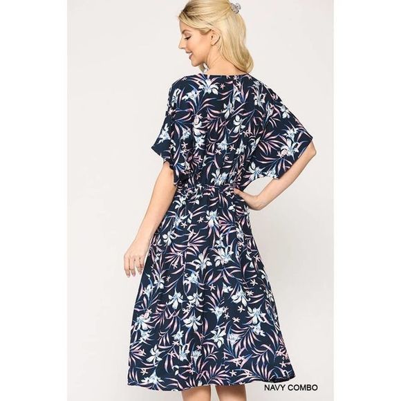 Navy Floral Print Front Tie Midi Dress M - Picture 3 of 4